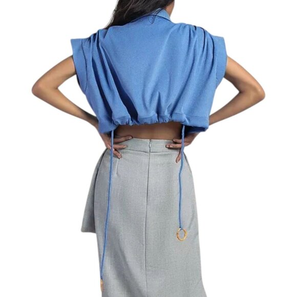 Maryallé Houdini Top Indigo Sky Blue Cotton Suede Free Size Button Crop XS-M - Picture 11 of 11